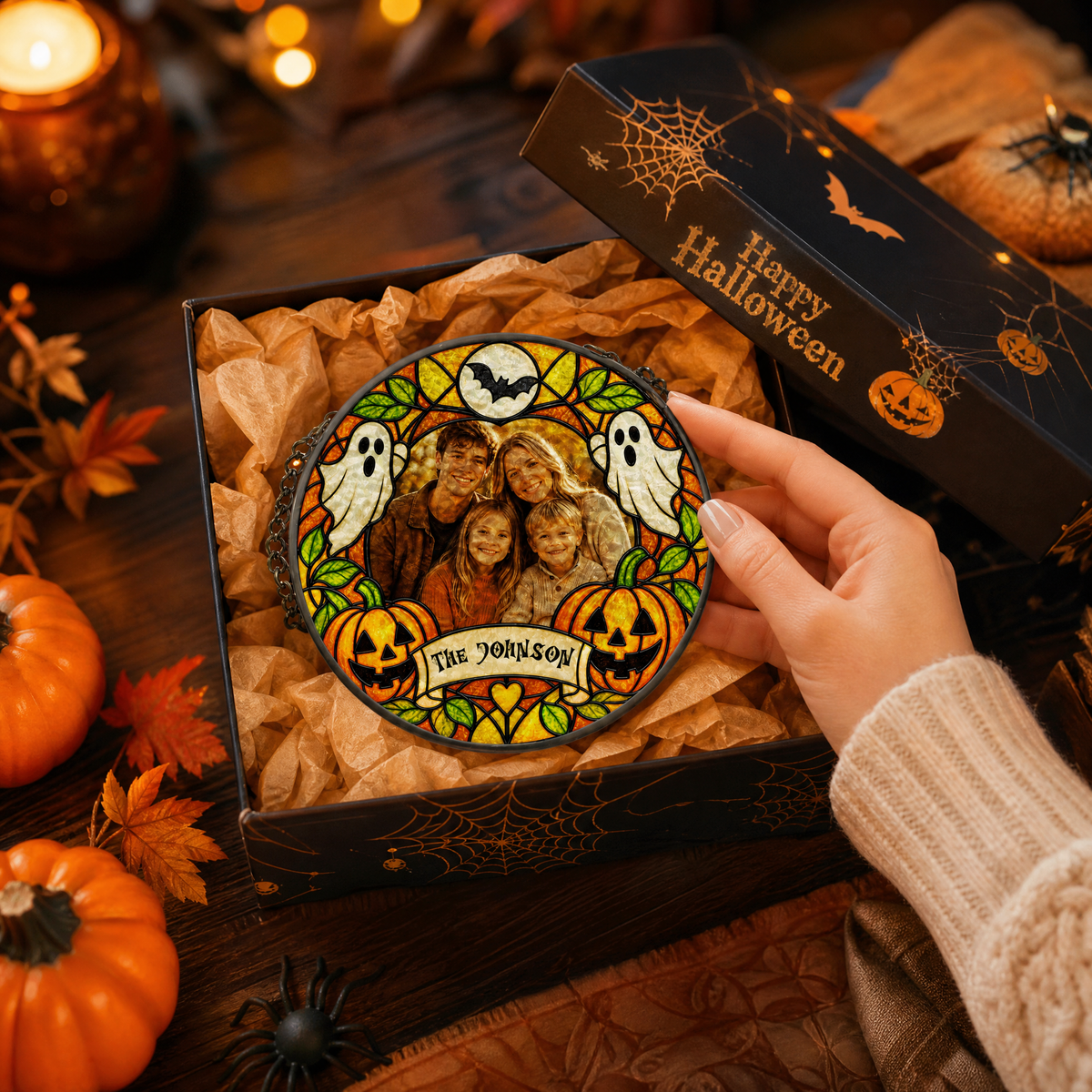 Personalized Halloween Family Custom Photo Ghost Pumpkin Stained Glass Suncatcher Window Hanging Custom Name Home Wall Decor
