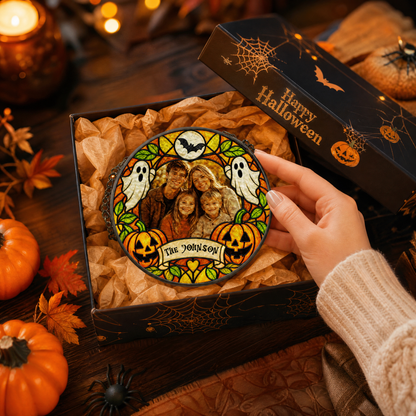 Personalized Halloween Family Custom Photo Ghost Pumpkin Stained Glass Suncatcher Window Hanging Custom Name Home Wall Decor