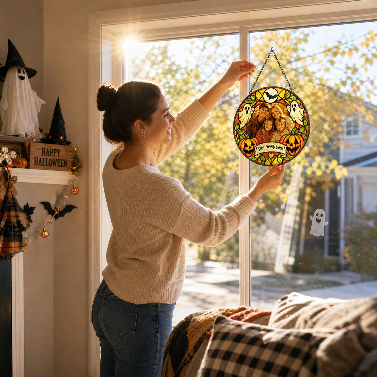 Personalized Halloween Family Custom Photo Ghost Pumpkin Stained Glass Suncatcher Window Hanging Custom Name Home Wall Decor