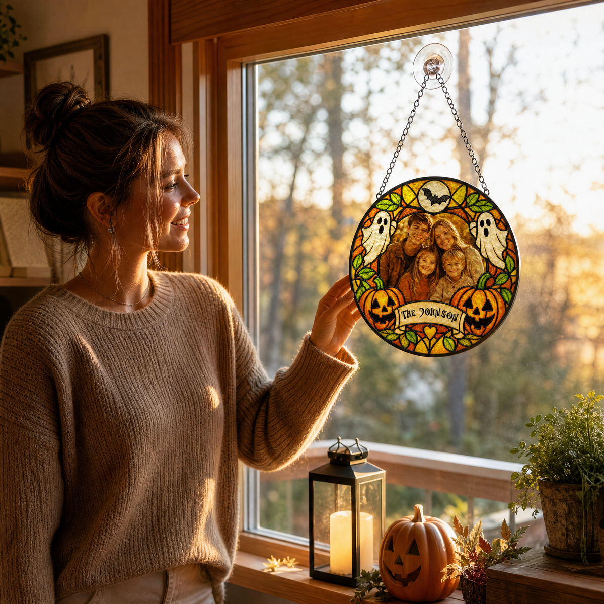 Personalized Halloween Family Custom Photo Ghost Pumpkin Stained Glass Suncatcher Window Hanging Custom Name Home Wall Decor
