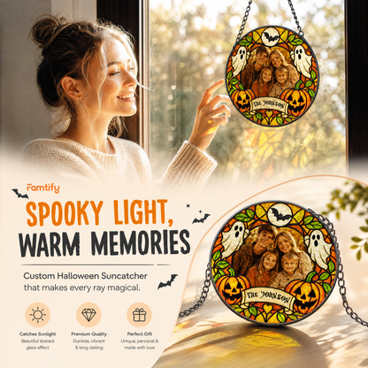 Personalized Halloween Family Custom Photo Ghost Pumpkin Stained Glass Suncatcher Window Hanging Custom Name Home Wall Decor