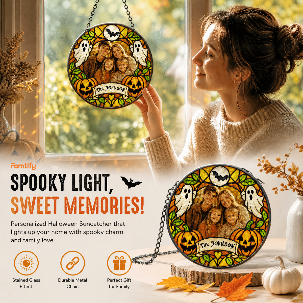 Personalized Halloween Family Custom Photo Ghost Pumpkin Stained Glass Suncatcher Window Hanging Custom Name Home Wall Decor