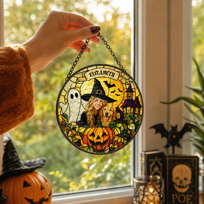 Personalized Halloween Witch Pet Custom Photo Ghost Haunted House Stained Glass Suncatcher Window Hanging Custom Name Home Wall Decor