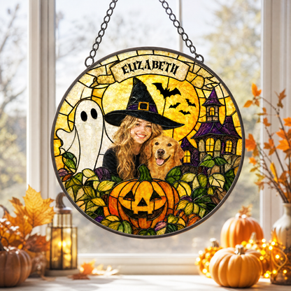 Personalized Halloween Witch Pet Custom Photo Ghost Haunted House Stained Glass Suncatcher Window Hanging Custom Name Home Wall Decor