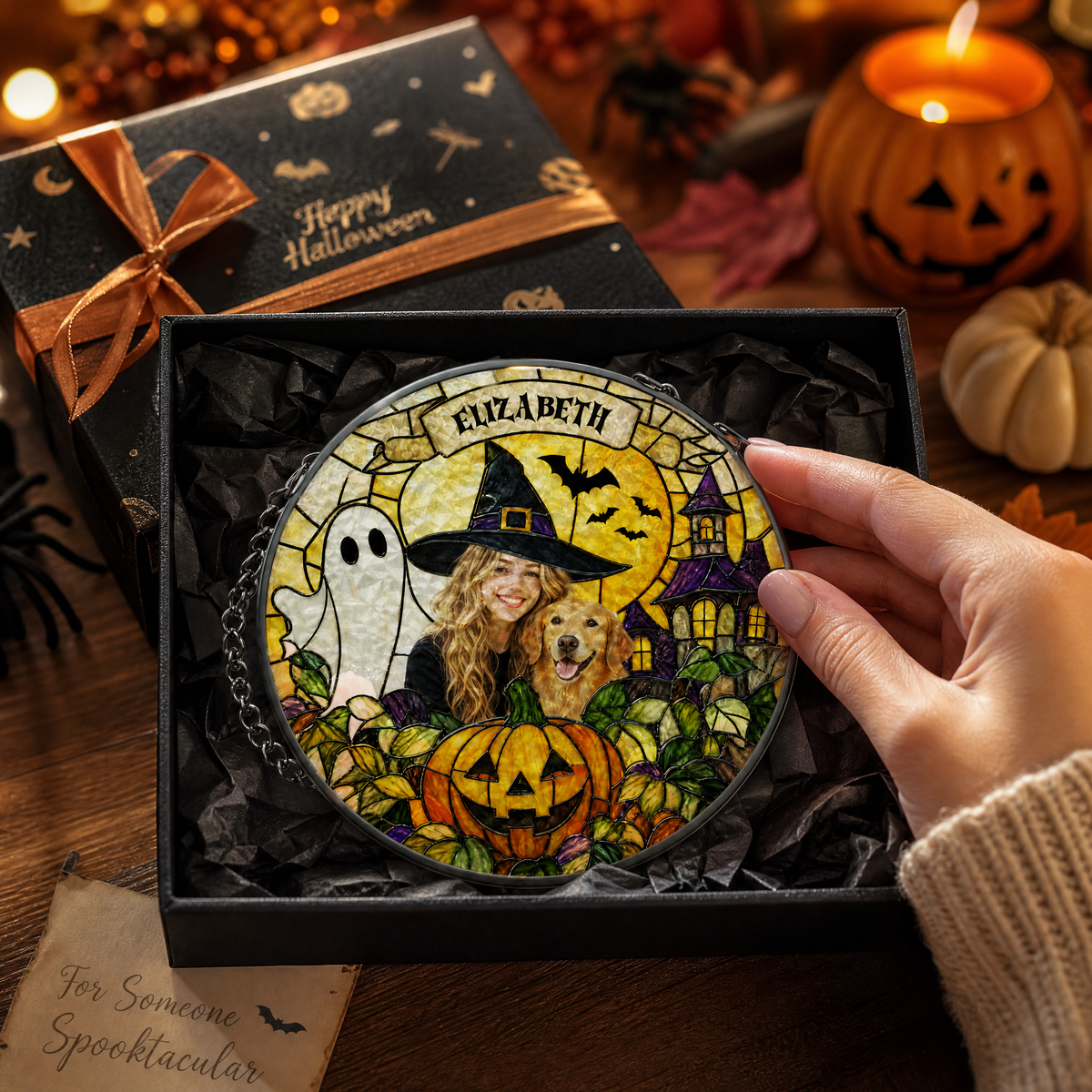 Personalized Halloween Witch Pet Custom Photo Ghost Haunted House Stained Glass Suncatcher Window Hanging Custom Name Home Wall Decor