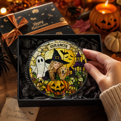Personalized Halloween Witch Pet Custom Photo Ghost Haunted House Stained Glass Suncatcher Window Hanging Custom Name Home Wall Decor