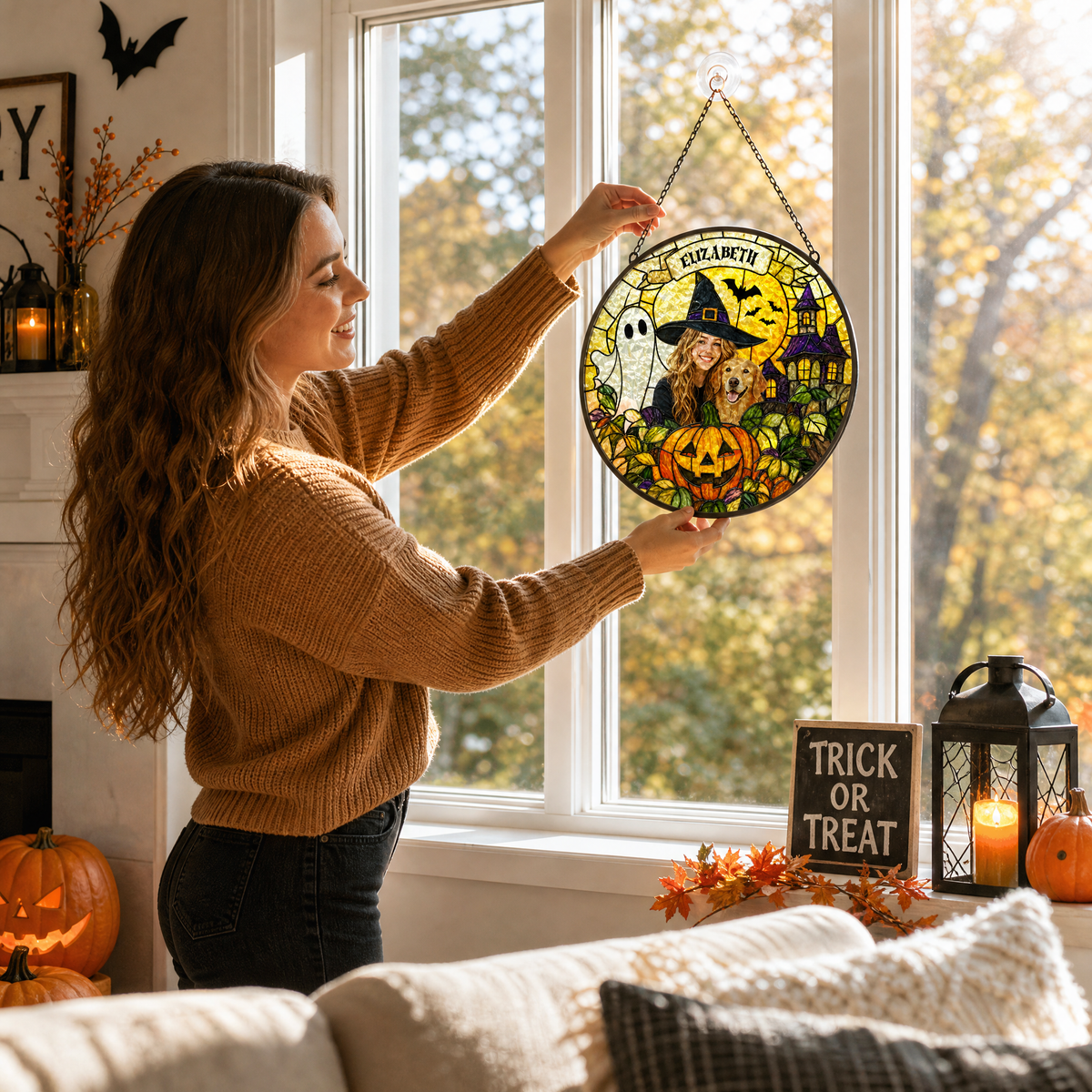 Personalized Halloween Witch Pet Custom Photo Ghost Haunted House Stained Glass Suncatcher Window Hanging Custom Name Home Wall Decor