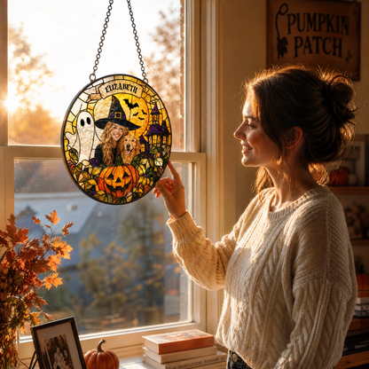 Personalized Halloween Witch Pet Custom Photo Ghost Haunted House Stained Glass Suncatcher Window Hanging Custom Name Home Wall Decor