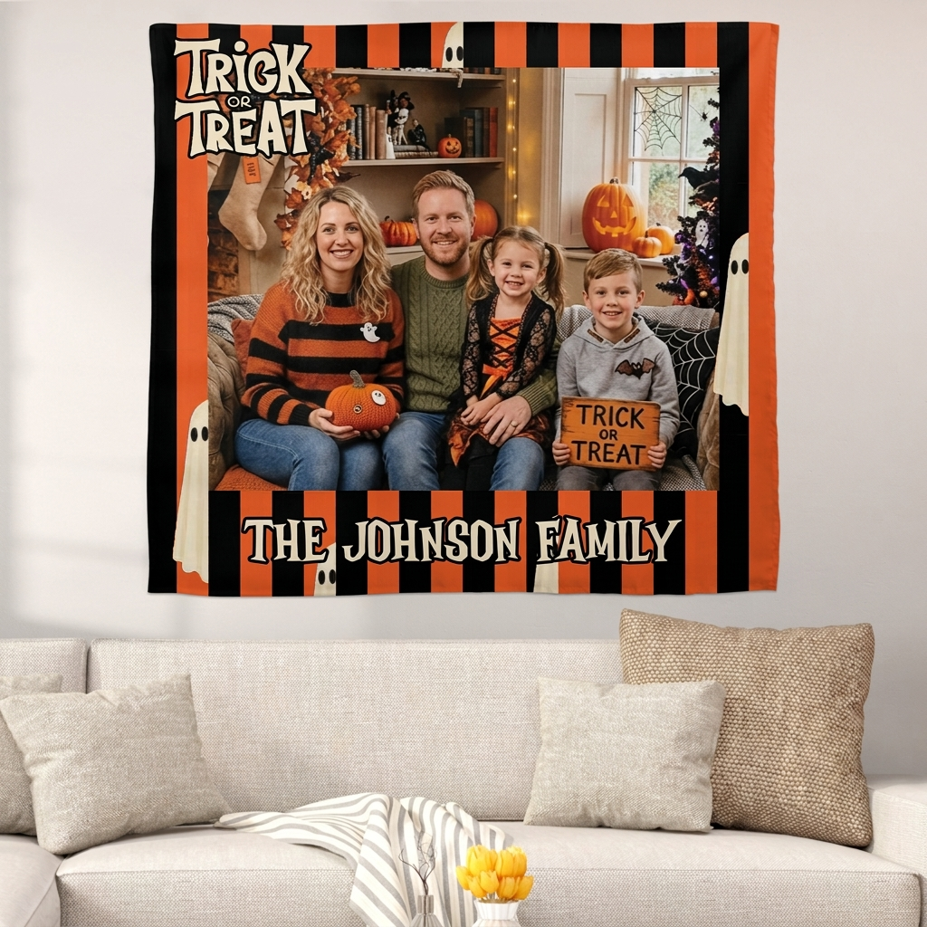 Personalized Halloween Orange Black Striped Photo Tapestry, Custom Family Photo Name Wall Hanging Decor, Trick or Treat Cute Ghost Party Backdrop
