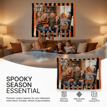 Personalized Halloween Orange Black Striped Photo Tapestry, Custom Family Photo Name Wall Hanging Decor, Trick or Treat Cute Ghost Party Backdrop