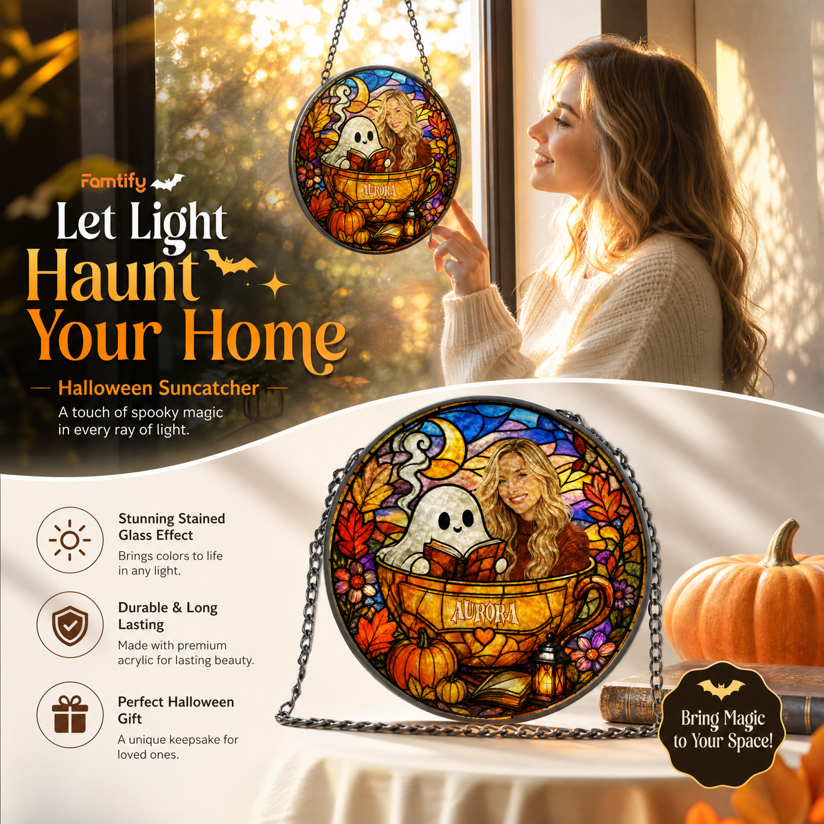 Personalized Halloween Ghost Reading Book Custom Photo Teacup Stained Glass Suncatcher Window Hanging Custom Name Home Wall Decor