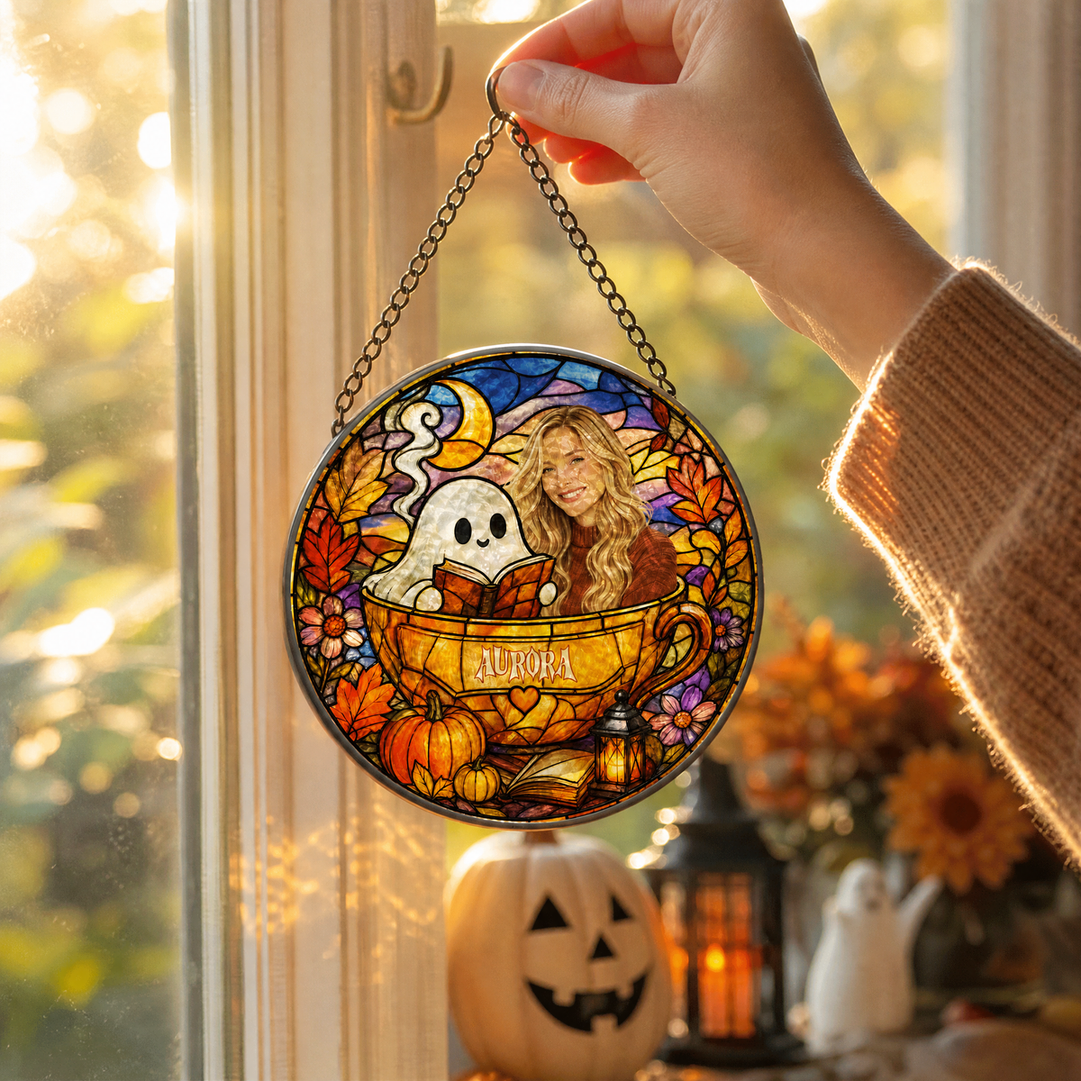 Personalized Halloween Ghost Reading Book Custom Photo Teacup Stained Glass Suncatcher Window Hanging Custom Name Home Wall Decor