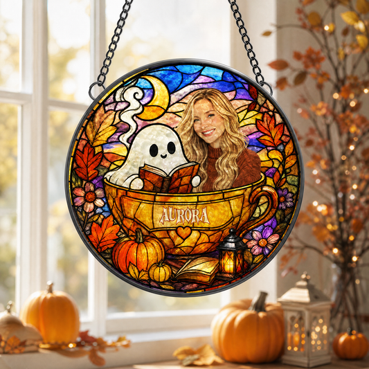 Personalized Halloween Ghost Reading Book Custom Photo Teacup Stained Glass