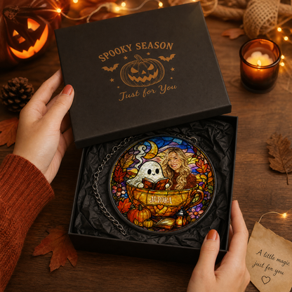 Personalized Halloween Ghost Reading Book Custom Photo Teacup Stained Glass Suncatcher Window Hanging Custom Name Home Wall Decor