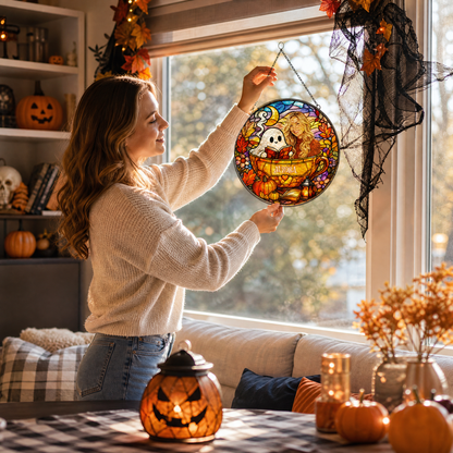 Personalized Halloween Ghost Reading Book Custom Photo Teacup Stained Glass Suncatcher Window Hanging Custom Name Home Wall Decor