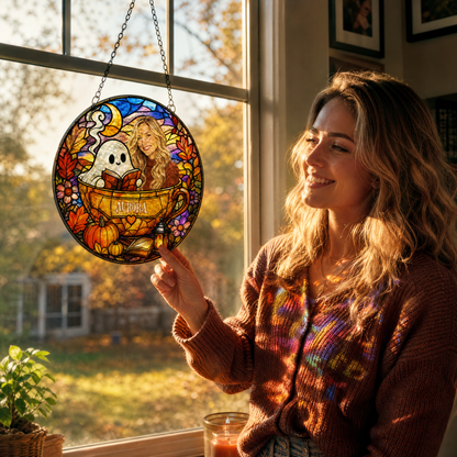 Personalized Halloween Ghost Reading Book Custom Photo Teacup Stained Glass Suncatcher Window Hanging Custom Name Home Wall Decor