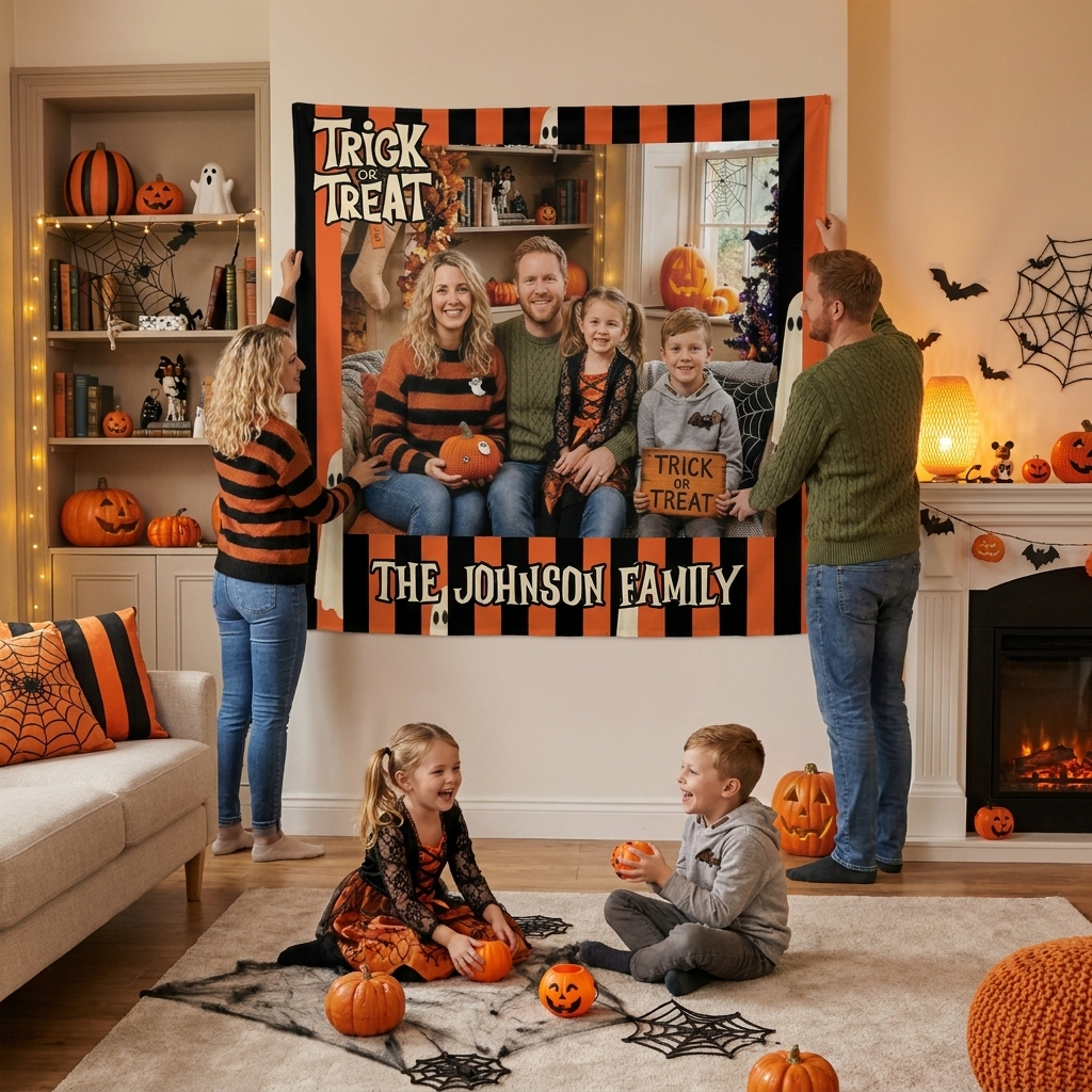 Personalized Halloween Orange Black Striped Photo Tapestry, Custom Family Photo Name Wall Hanging Decor, Trick or Treat Cute Ghost Party Backdrop