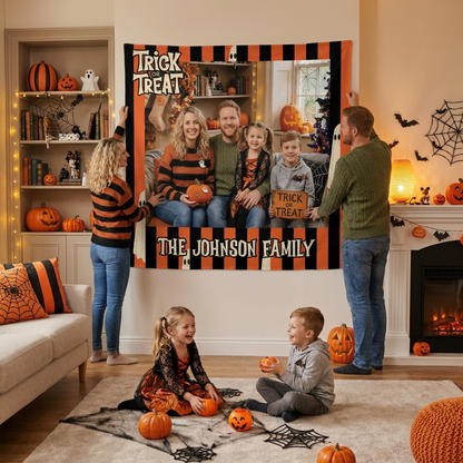 Personalized Halloween Orange Black Striped Photo Tapestry, Custom Family Photo Name Wall Hanging Decor, Trick or Treat Cute Ghost Party Backdrop