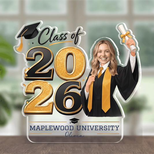 Class of 2026 acrylic plaque featuring a custom photo female graduate holding a diploma with custom school and name