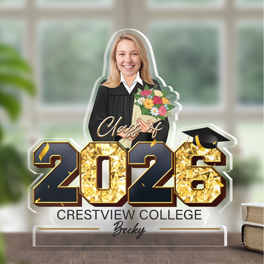 Acrylic plaque with custom photo of graduate holding flowers above gold foil Class of 2026, school name and custom name