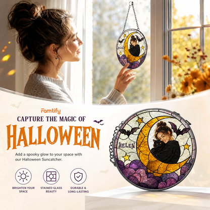 Personalized Halloween Crescent Moon Pet Custom Photo Bat Stained Glass Suncatcher Window Hanging Custom Name Home Wall Decor