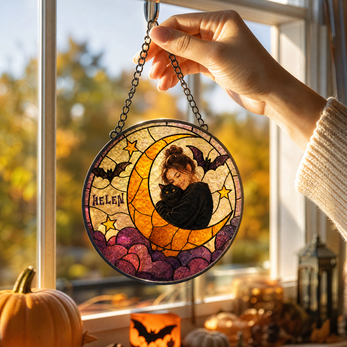 Personalized Halloween Crescent Moon Pet Custom Photo Bat Stained Glass Suncatcher Window Hanging Custom Name Home Wall Decor
