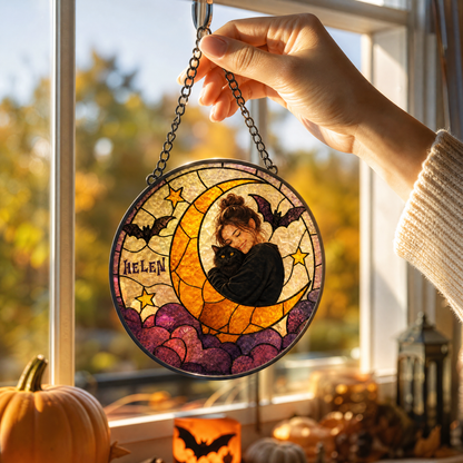 Personalized Halloween Crescent Moon Pet Custom Photo Bat Stained Glass Suncatcher Window Hanging Custom Name Home Wall Decor