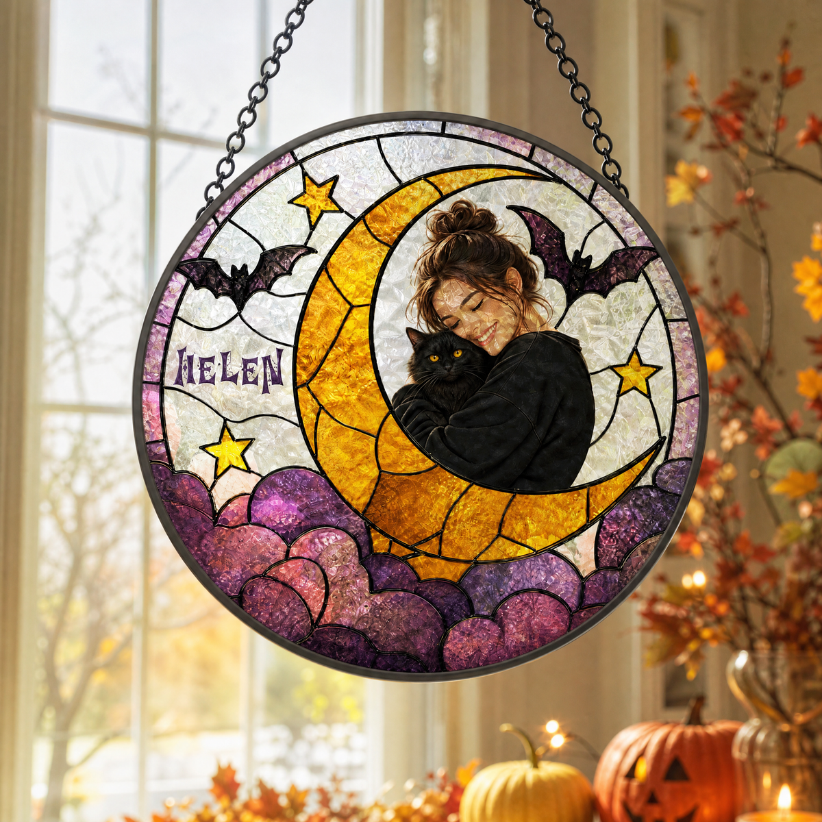 Personalized Halloween Crescent Moon Pet Custom Photo Bat Stained Glass Suncatcher Window Hanging Custom Name Home Wall Decor