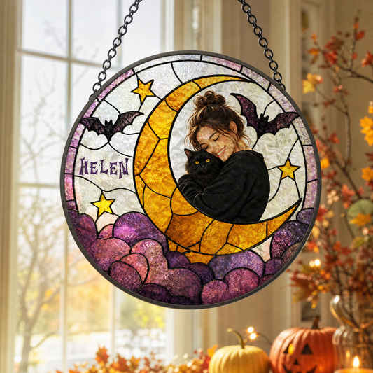 Personalized Halloween Crescent Moon Pet Custom Photo Bat Stained Glass