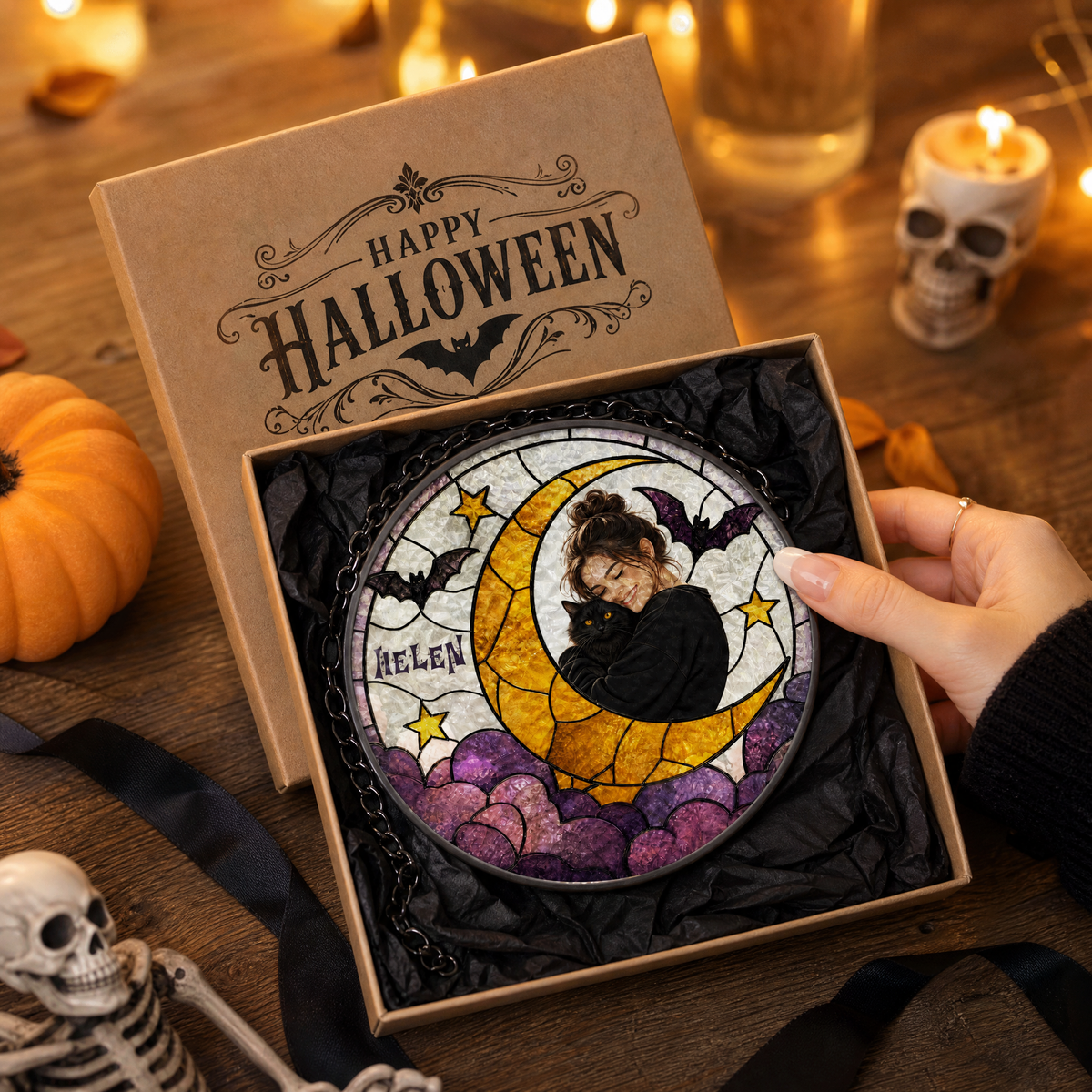 Personalized Halloween Crescent Moon Pet Custom Photo Bat Stained Glass Suncatcher Window Hanging Custom Name Home Wall Decor