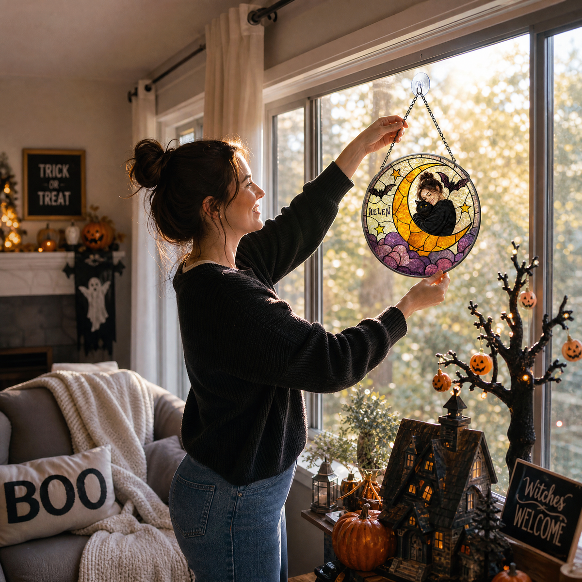 Personalized Halloween Crescent Moon Pet Custom Photo Bat Stained Glass Suncatcher Window Hanging Custom Name Home Wall Decor