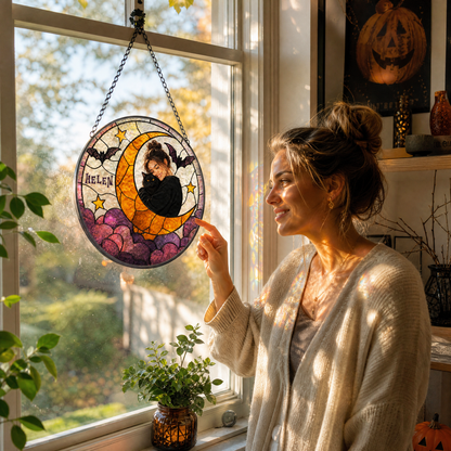Personalized Halloween Crescent Moon Pet Custom Photo Bat Stained Glass Suncatcher Window Hanging Custom Name Home Wall Decor