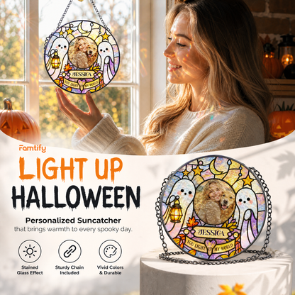 Personalized Halloween Ghost Lantern Custom Photo Pet You Light Up My World Stained Glass Suncatcher Window Hanging Custom Name Home Wall Decor