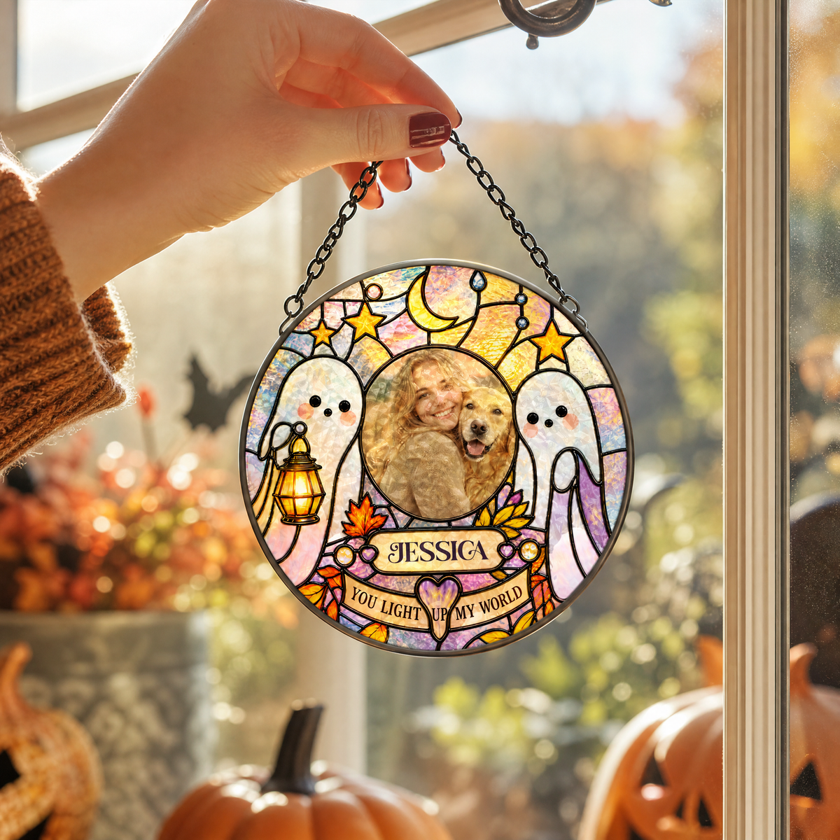 Personalized Halloween Ghost Lantern Custom Photo Pet You Light Up My World Stained Glass Suncatcher Window Hanging Custom Name Home Wall Decor