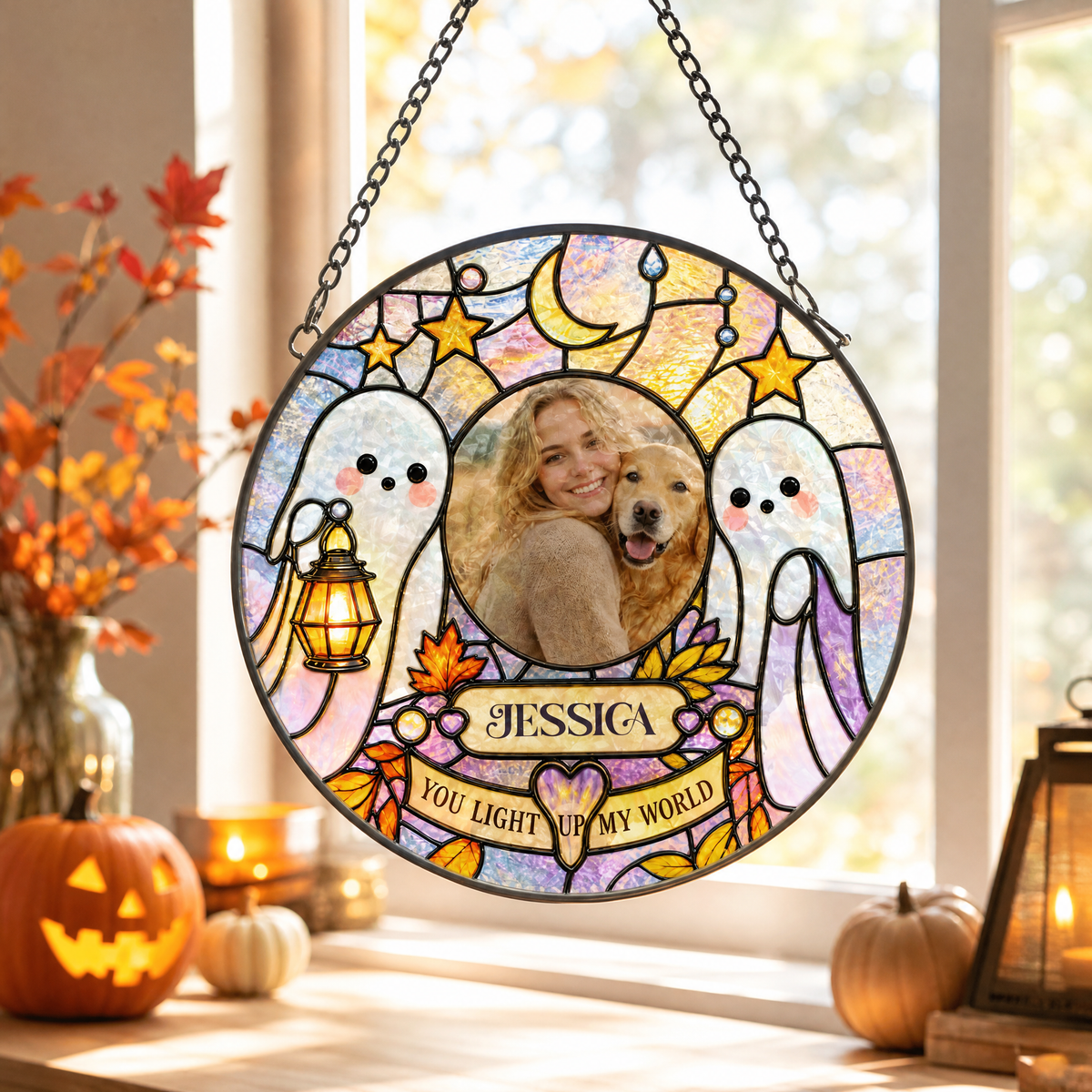 Personalized Halloween Ghost Lantern Custom Photo Pet You Light Up My World Stained Glass Suncatcher Window Hanging Custom Name Home Wall Decor