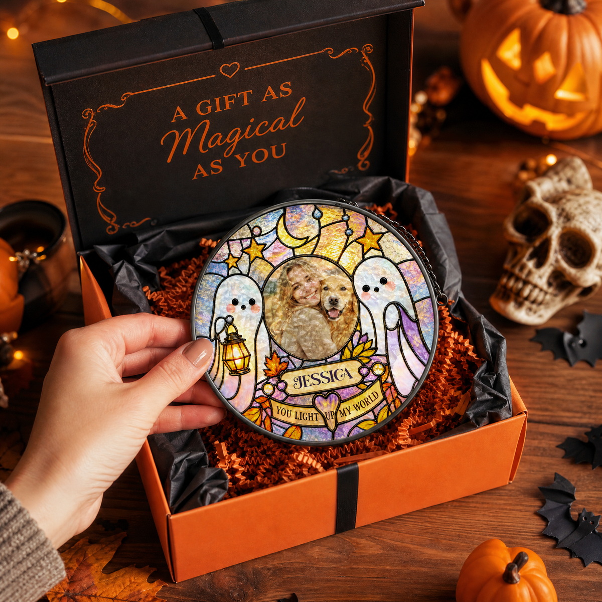 Personalized Halloween Ghost Lantern Custom Photo Pet You Light Up My World Stained Glass Suncatcher Window Hanging Custom Name Home Wall Decor