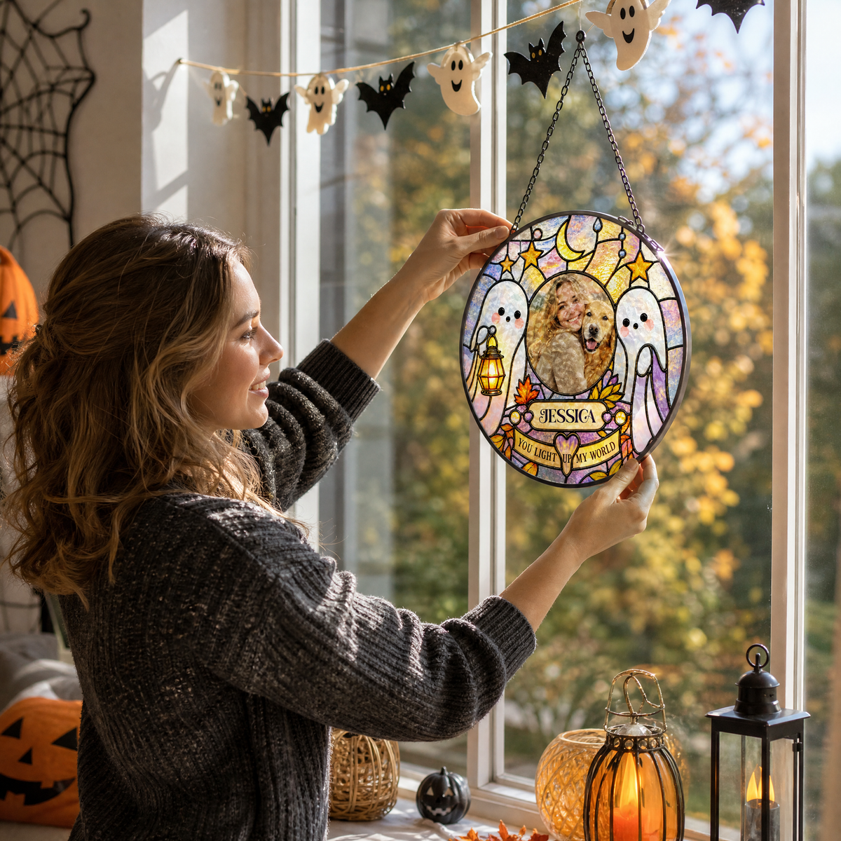 Personalized Halloween Ghost Lantern Custom Photo Pet You Light Up My World Stained Glass Suncatcher Window Hanging Custom Name Home Wall Decor