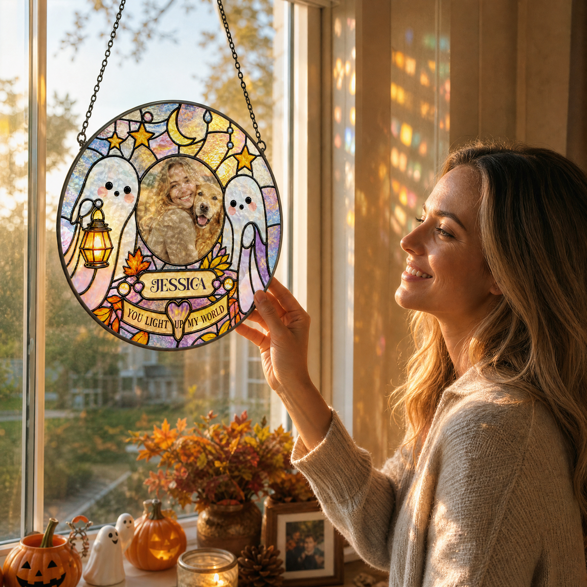 Personalized Halloween Ghost Lantern Custom Photo Pet You Light Up My World Stained Glass Suncatcher Window Hanging Custom Name Home Wall Decor