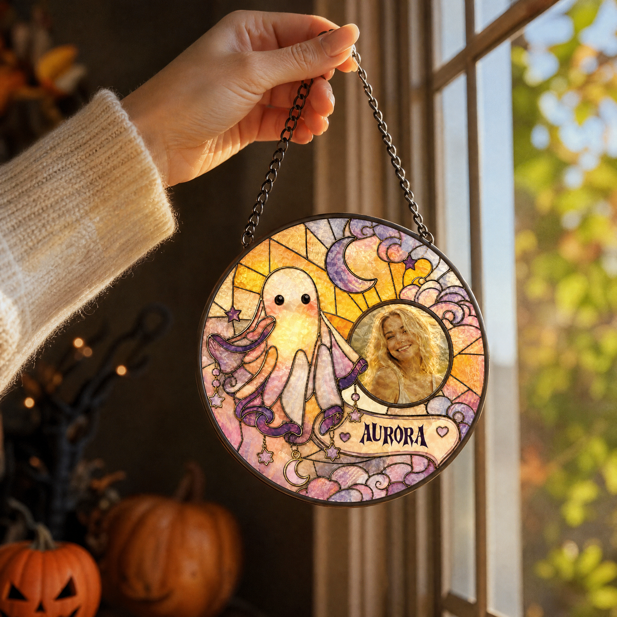 Personalized Halloween Cute Ghost Octopus Custom Photo Crescent Moon Stained Glass Suncatcher Window Hanging Custom Name Home Wall Decor