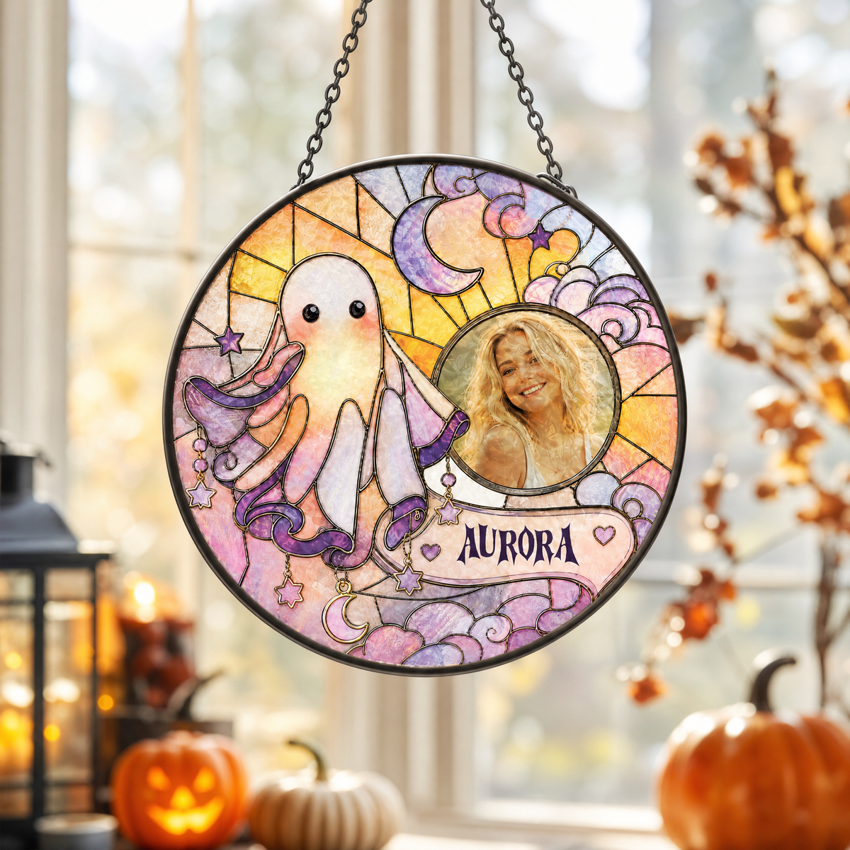 Personalized Halloween Cute Ghost Octopus Custom Photo Crescent Moon Stained Glass Suncatcher Window Hanging Custom Name Home Wall Decor