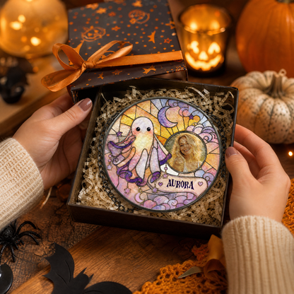 Personalized Halloween Cute Ghost Octopus Custom Photo Crescent Moon Stained Glass Suncatcher Window Hanging Custom Name Home Wall Decor