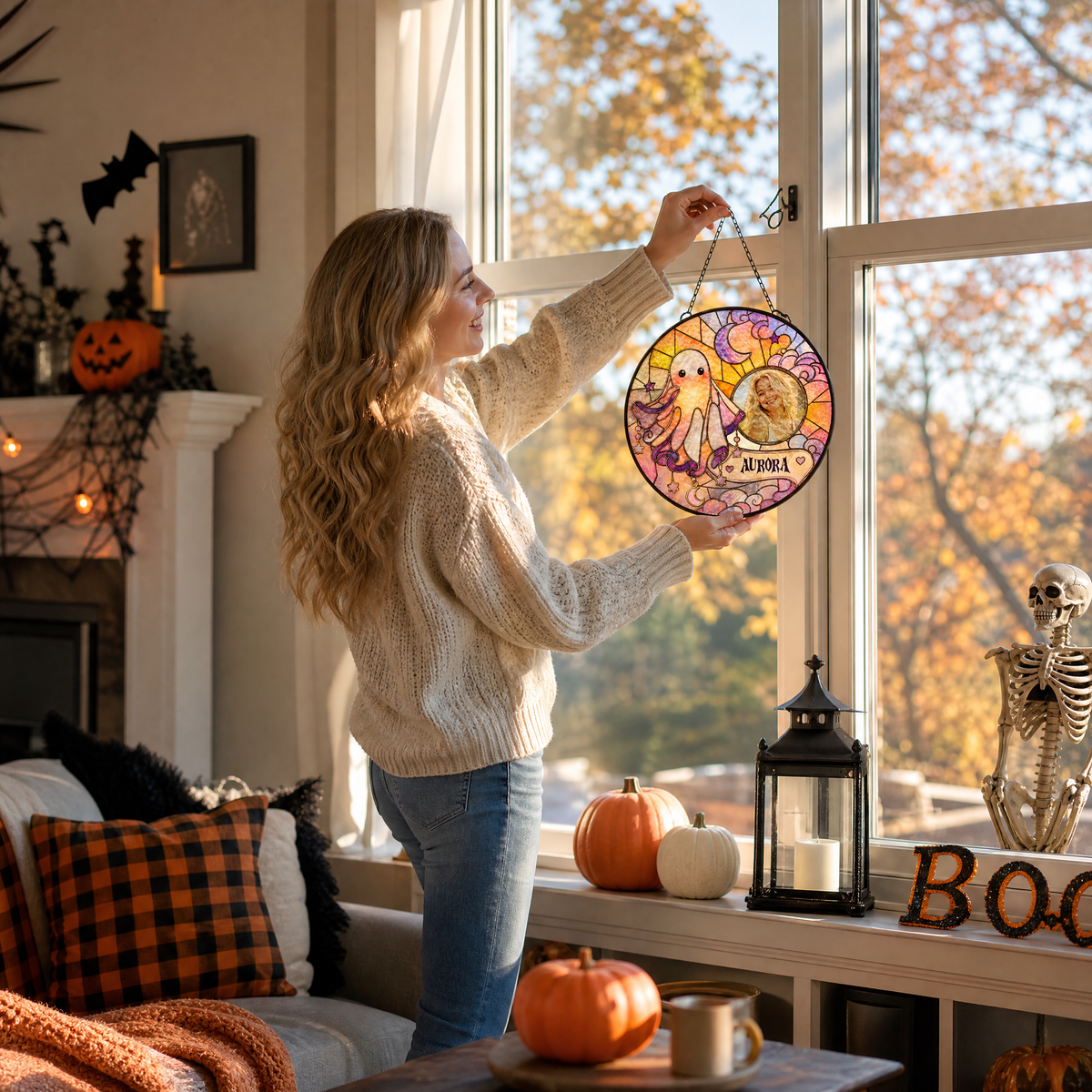 Personalized Halloween Cute Ghost Octopus Custom Photo Crescent Moon Stained Glass Suncatcher Window Hanging Custom Name Home Wall Decor