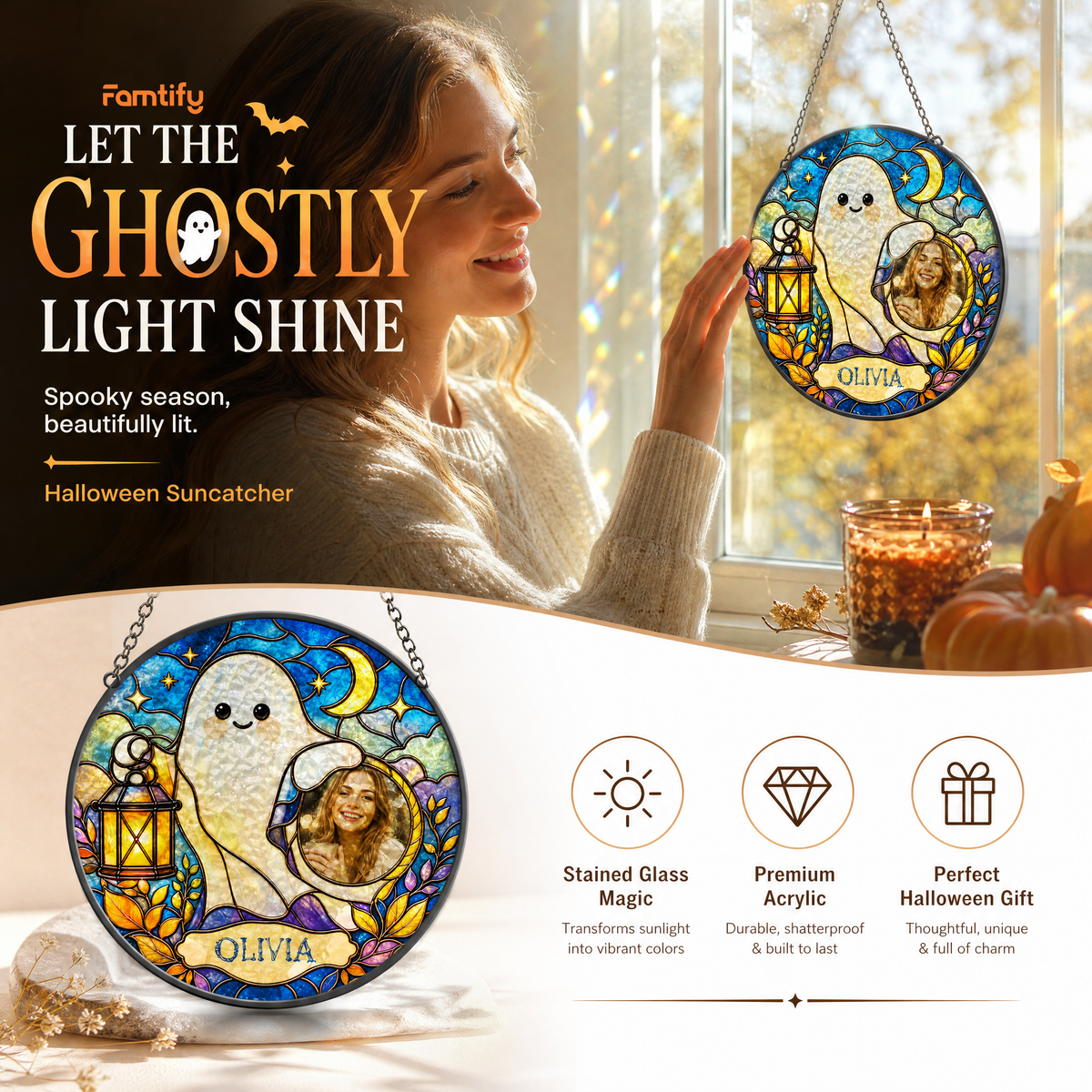 Personalized Halloween Cute Ghost Lantern Custom Photo Crescent Moon Stained Glass Suncatcher Window Hanging Custom Name Home Wall Decor