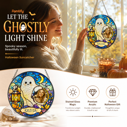 Personalized Halloween Cute Ghost Lantern Custom Photo Crescent Moon Stained Glass Suncatcher Window Hanging Custom Name Home Wall Decor