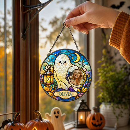 Personalized Halloween Cute Ghost Lantern Custom Photo Crescent Moon Stained Glass Suncatcher Window Hanging Custom Name Home Wall Decor