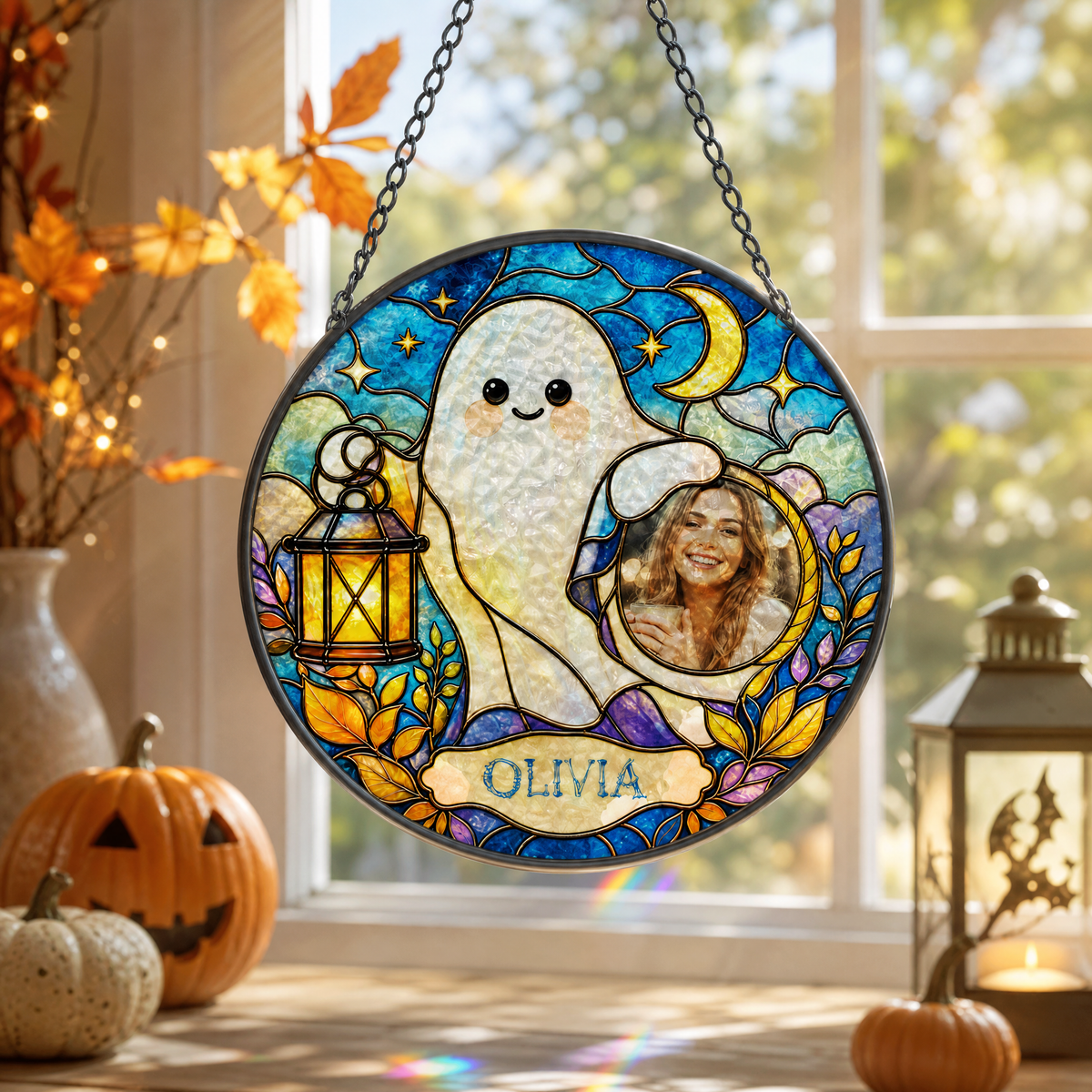 Personalized Halloween Cute Ghost Lantern Custom Photo Crescent Moon Stained Glass Suncatcher Window Hanging Custom Name Home Wall Decor