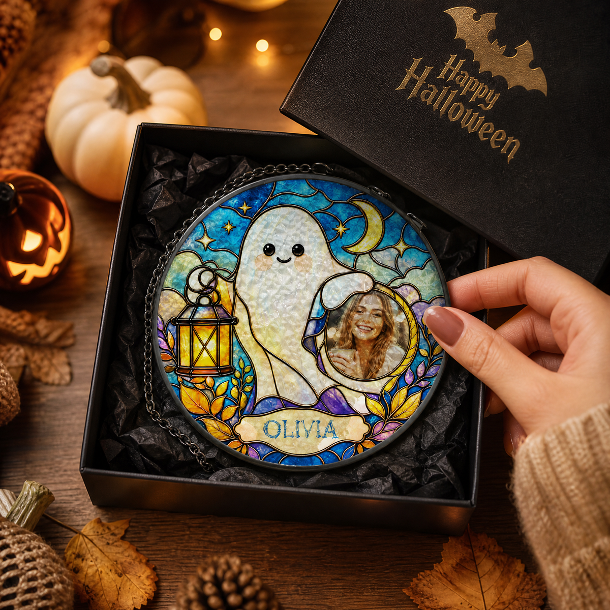 Personalized Halloween Cute Ghost Lantern Custom Photo Crescent Moon Stained Glass Suncatcher Window Hanging Custom Name Home Wall Decor