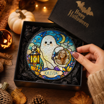 Personalized Halloween Cute Ghost Lantern Custom Photo Crescent Moon Stained Glass Suncatcher Window Hanging Custom Name Home Wall Decor