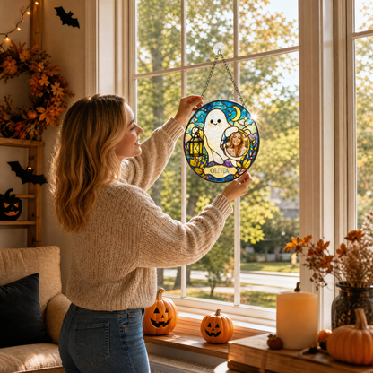 Personalized Halloween Cute Ghost Lantern Custom Photo Crescent Moon Stained Glass Suncatcher Window Hanging Custom Name Home Wall Decor
