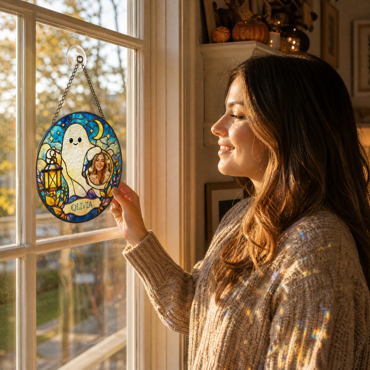 Personalized Halloween Cute Ghost Lantern Custom Photo Crescent Moon Stained Glass Suncatcher Window Hanging Custom Name Home Wall Decor